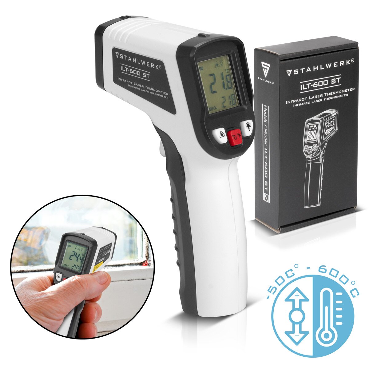 STAHLWERK Infrarot-Laser-Thermometer ILT-600 ST -50C° bis 600°C Digitales Infrarot-Thermometer | Pyrometer | Temperaturmessgerät | Strahlungsthermometer | Digital-Thermometer für kontaktlose Messungen