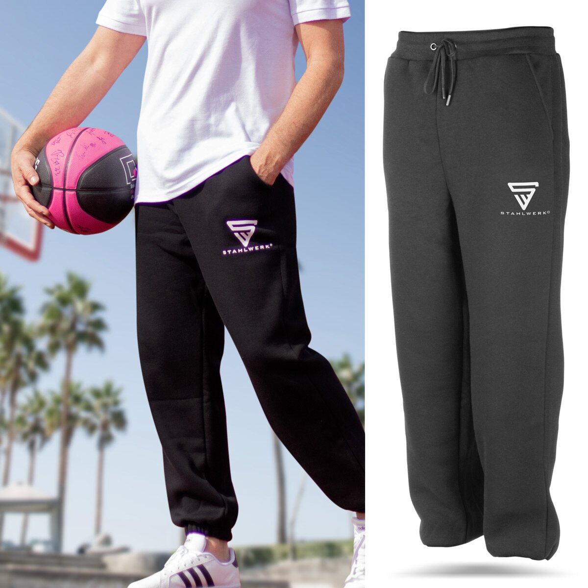 Steelworks jogging pants black size L sports pants | Jogger | Training pants | Sweatose | Sweatpants with a logo print made of 70% cotton and 30% polyester