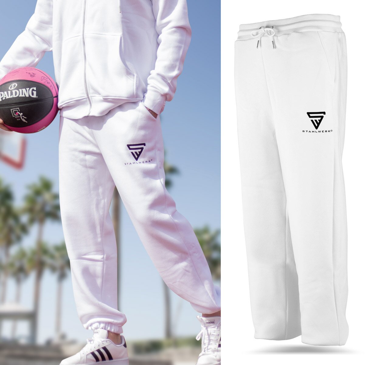 Steelworks jogging pants white size L sports pants | Jogger | Training pants | Sweatose | Sweatpants with a logo print made of 70% cotton and 30% polyester