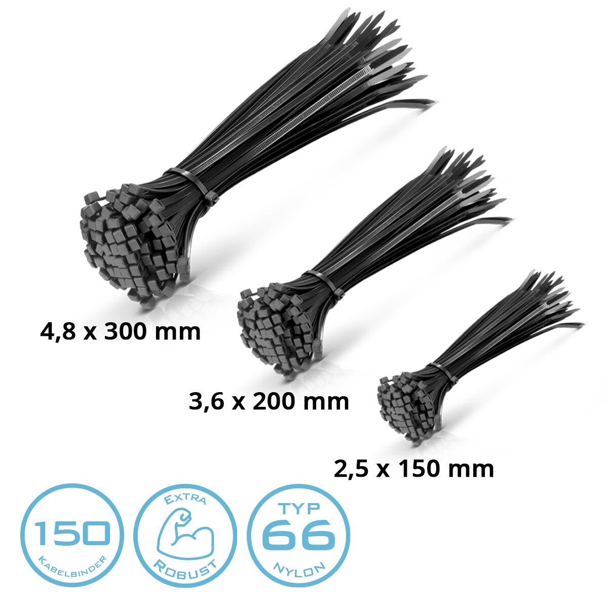 Steelworks cable tie 150 set 2.5 x 150 mm | 3.6 x 200 mm | 4.8 x 300 mm in black, industrial quality cable straps, UV-resistant, extremely train-proof, stable and durable