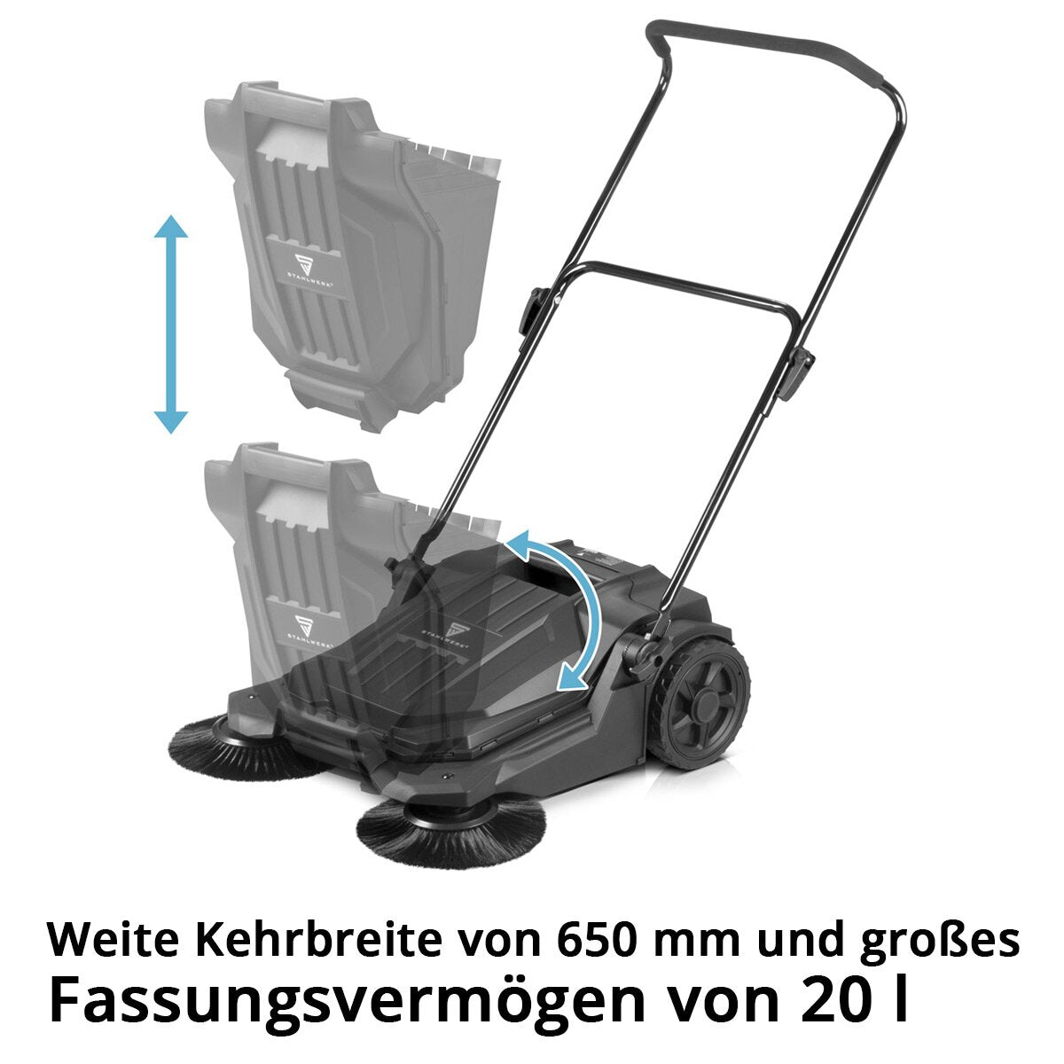 STAHLWERK Kehrmaschine SL-20 ST mit 650 mm Kehrbreite und 20 l Fassungsvermögen manuelle Bodenkehrmaschine | Handkehrmaschine mit 2 Bürsten