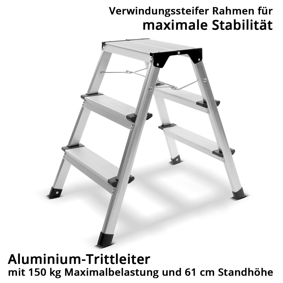 STAHLWERK Trittleiter TL-32 ST mit 150 kg Tragkraft und 3 Stufen Aluminium-Leiter | Klappleiter | Klapptritt | Mehrzweckleiter | Haushaltsleiter | Stehleiter mit rutschfesten Sprossen