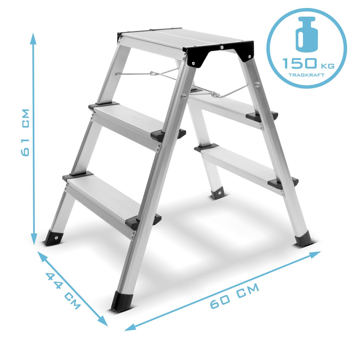 STAHLWERK Trittleiter TL-32 ST mit 150 kg Tragkraft und 3 Stufen Aluminium-Leiter | Klappleiter | Klapptritt | Mehrzweckleiter | Haushaltsleiter | Stehleiter mit rutschfesten Sprossen