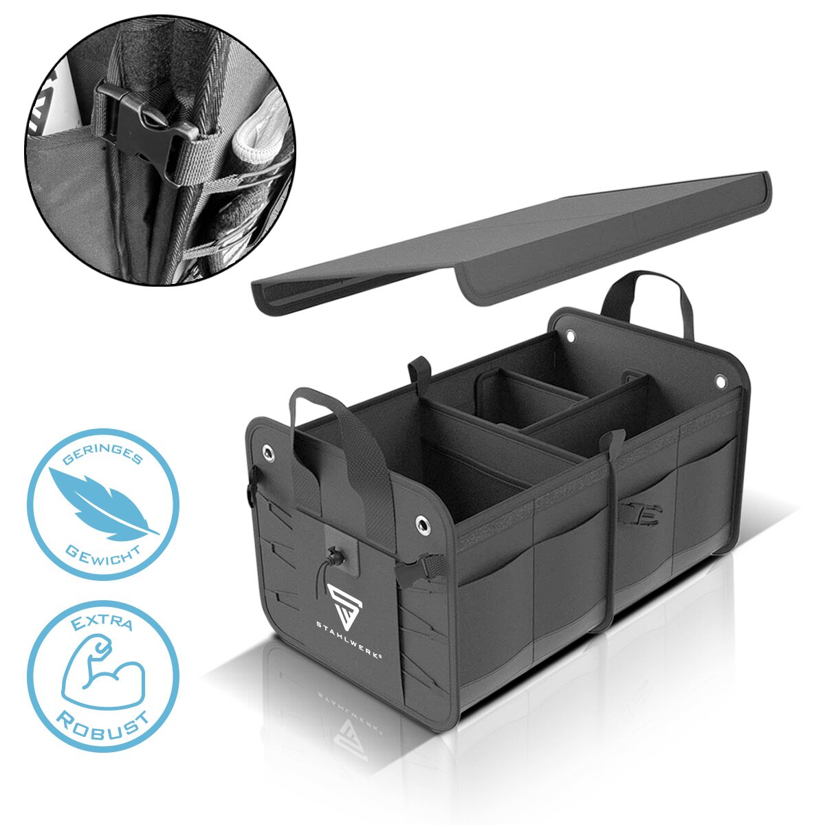 Steelworks Auto-Organizer | Organizzatore del bagagliaio | TRUNK BOX | Borsa automatica | Archiviazione del bagagliaio | Bag del tronco | Borsa per bagagli con diversi scomparti e borse di stoccaggio