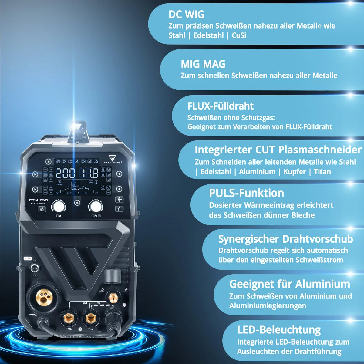 STAHLWERK Kombi-Schweißgerät CTM-250 Puls Pro 6-in-1 Schutzgas-Schweißgerät 200 A | Puls-Funktion | Synergischer Drahtvorschub | Integrierter 45 A Plasmaschneider CUT| WIG | MIG MAG | PULS | MMA| FLUX