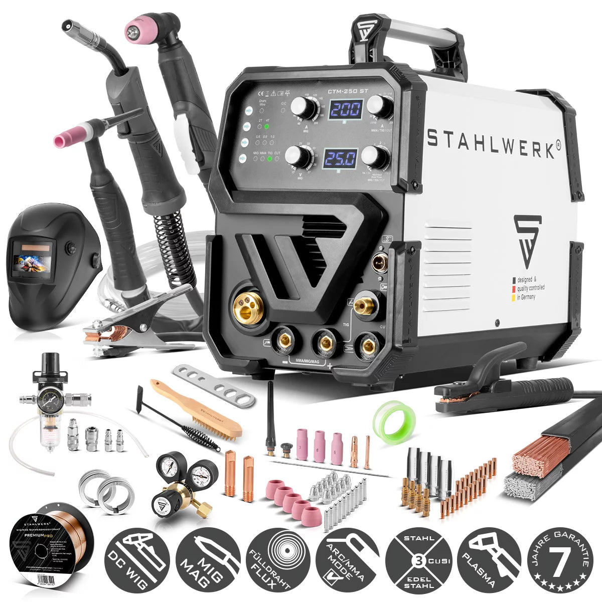 STAHLWERK CTM-250 ST Kombi-Schweißgerät WIG + MIG/MAG + MMA/E-Hand + CUT/Plasma mit 200 Ampere und 50 Ampere Plasma-Funktion Vollausstattung