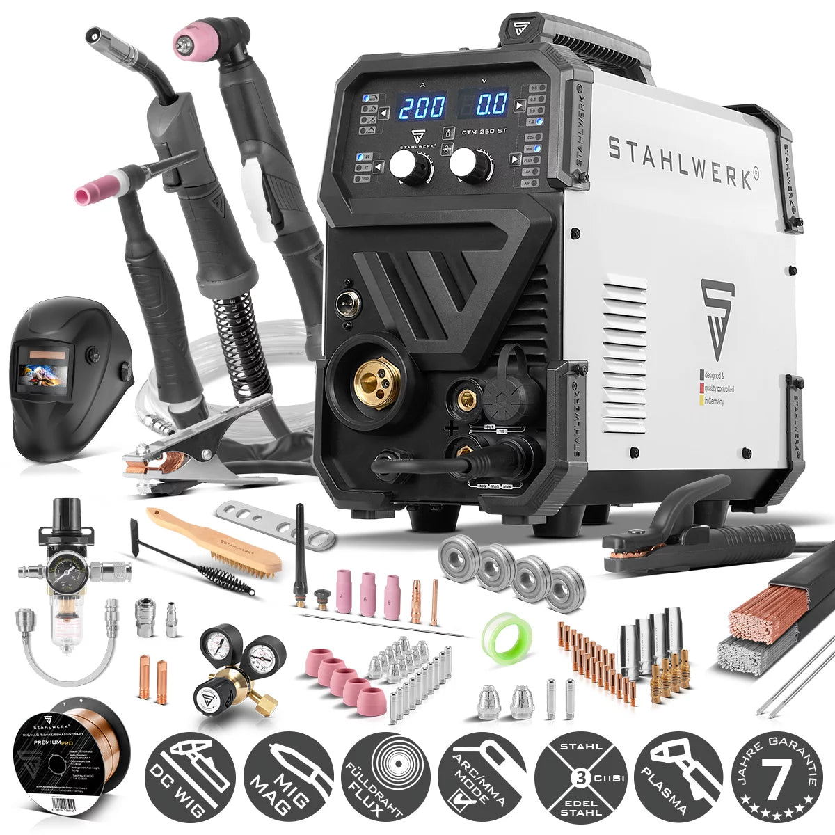 STAHLWERK CTM-250 ST Kombi-Schweißgerät Vollausstattung WIG + MIG/MAG + MMA/ARC + CUT/Plasma mit 200 Ampere und 45 Ampere Plasma-Funktion