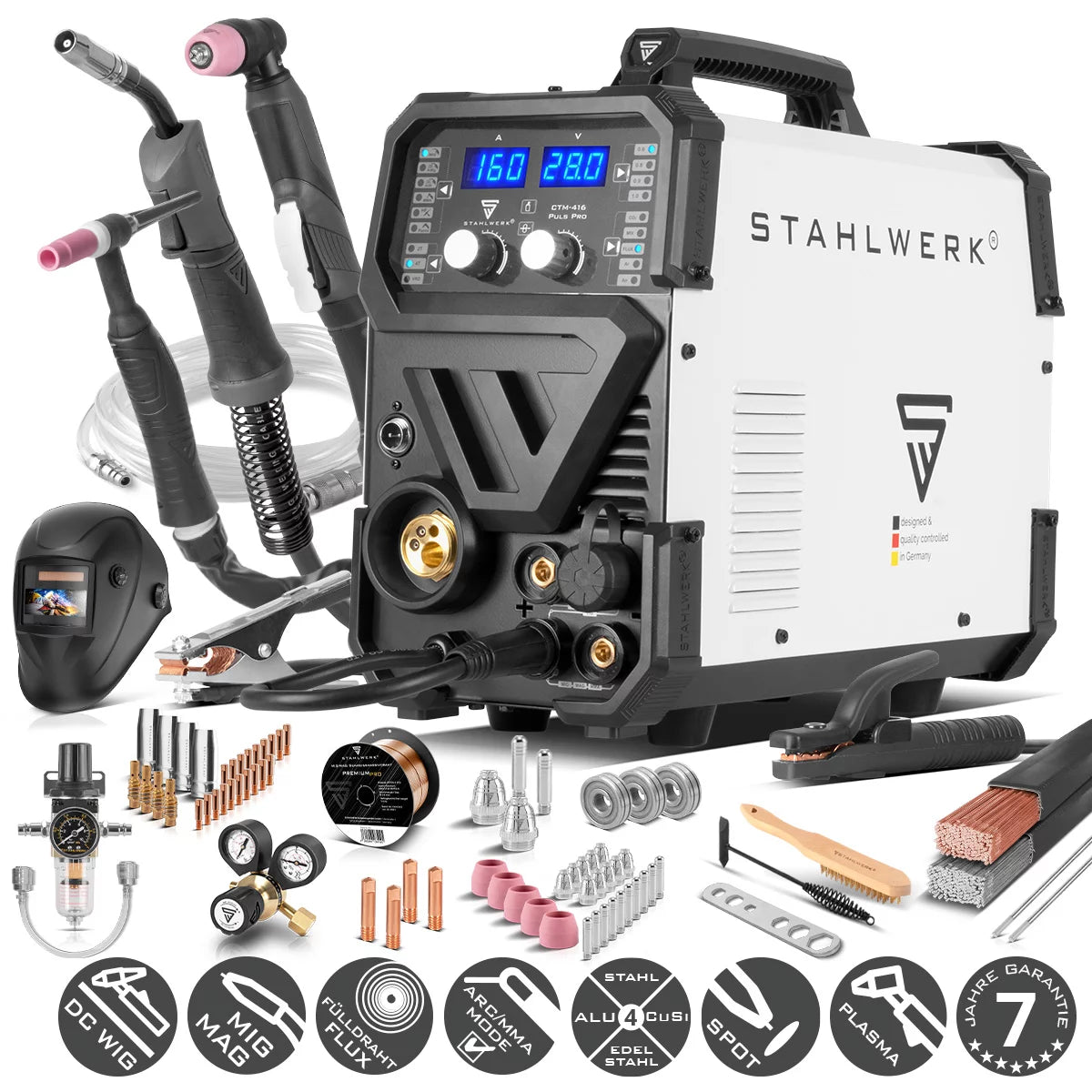 STAHLWERK Schweißgerät CTM-416 Puls Pro Vollausstattung 6-in-1 Schutzgas-Schweißgerät | Inverter mit 160 A, Puls-Funktion für Aluminium und 40 A Plasmaschneider CUT | WIG | MIG MAG | PULS | MMA | FLUX