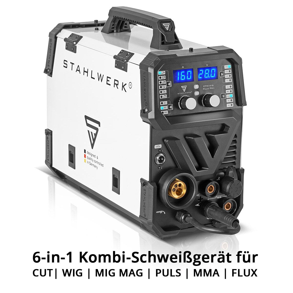 Steelworks combination welding device CTM-416 pulse per full equipment 6-in-1 protective gas welding device | Inverter with 160 A, pulse function, synergic wire feed and integrated 40 A plasma cutter cut | WIG | Mig Mag | Pulse | MMA | Flux