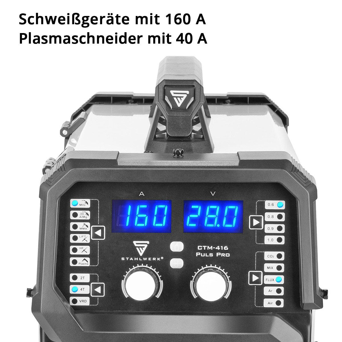 Steelworks combination welding device CTM-416 pulse per full equipment 6-in-1 protective gas welding device | Inverter with 160 A, pulse function, synergic wire feed and integrated 40 A plasma cutter cut | WIG | Mig Mag | Pulse | MMA | Flux