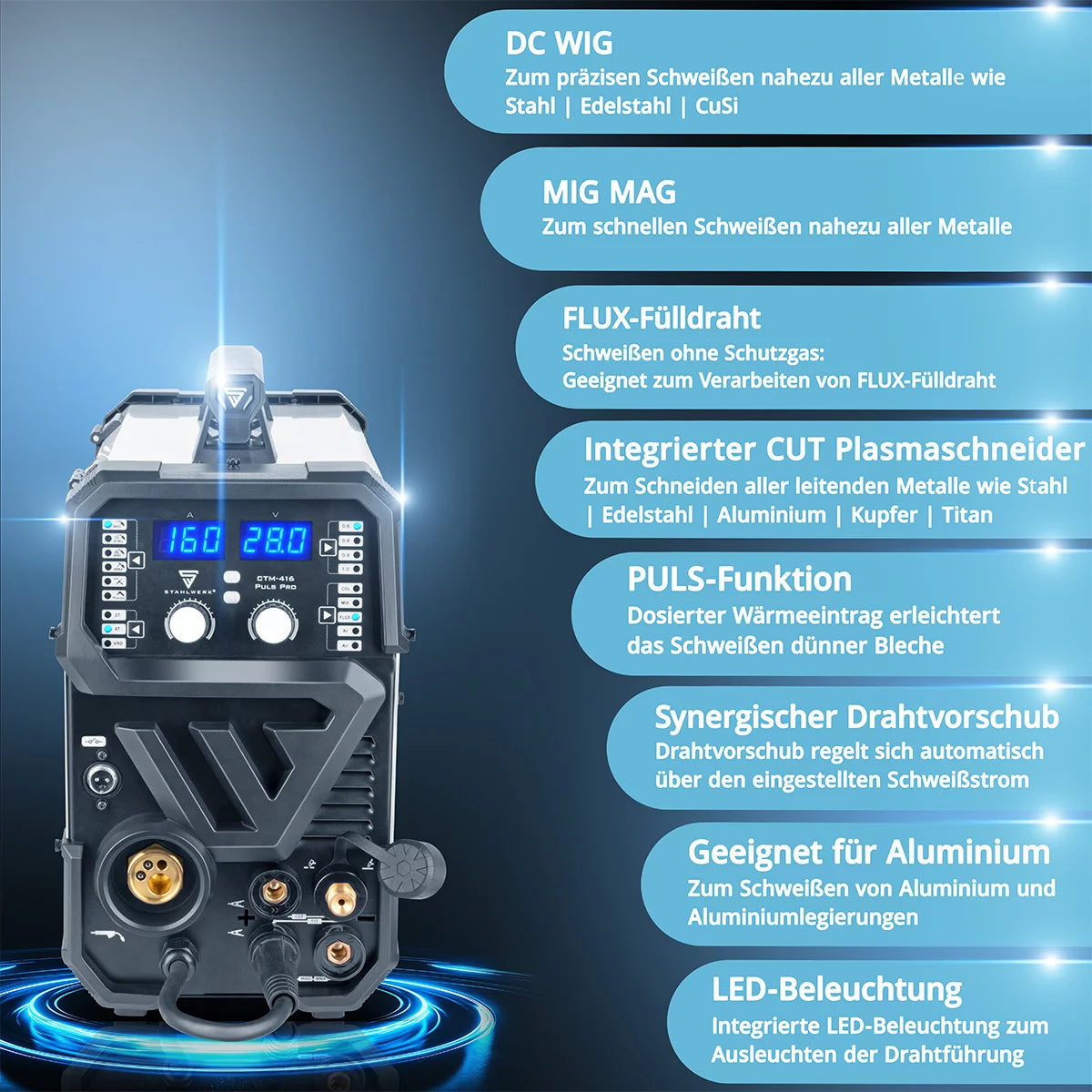 Soldadora combinada STAHLWERK CTM-416 Puls Pro Soldadora de gas inerte 6 en 1 totalmente equipada | Inversor de 160 A, función de impulsos, alimentación de hilo sinérgica y cortador de plasma integrado de 40 A CUT| TIG | MIGMAG | PULSO | MMA | FLUJO