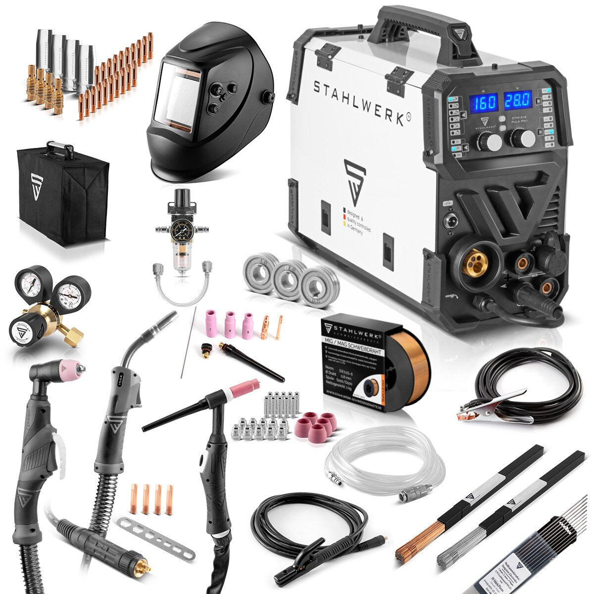 Steelworks combination welding device CTM-416 pulse per full equipment 6-in-1 protective gas welding device | Inverter with 160 A, pulse function, synergic wire feed and integrated 40 A plasma cutter cut | WIG | Mig Mag | Pulse | MMA | Flux