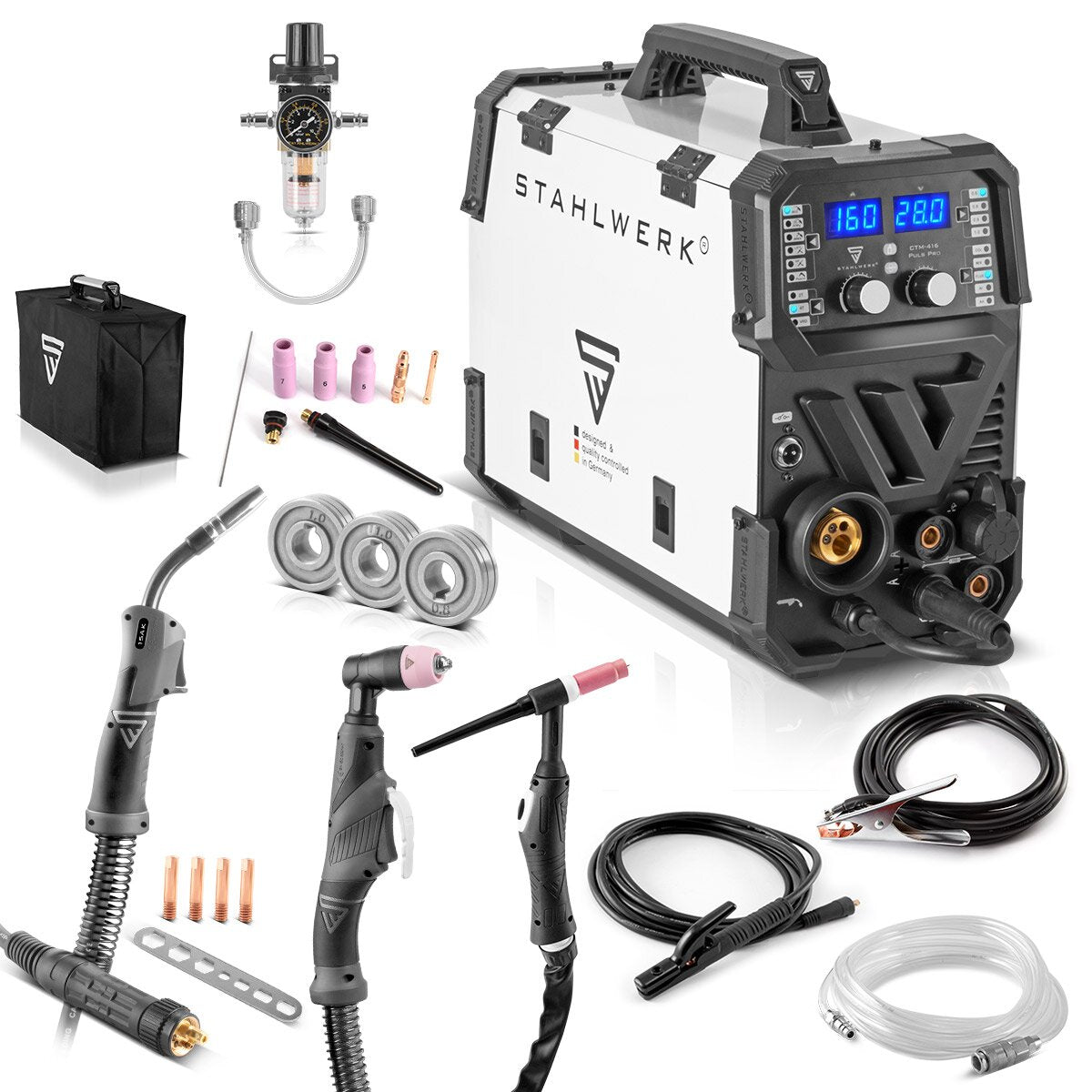 Steelworks combination welding device CTM-416 PULS Pro 6-in-1 protective gas welding device | Inverter with 160 A, pulse function, synergic wire feed and integrated 40 A plasma cutter cut | WIG | Mig Mag | Pulse | MMA | Flux