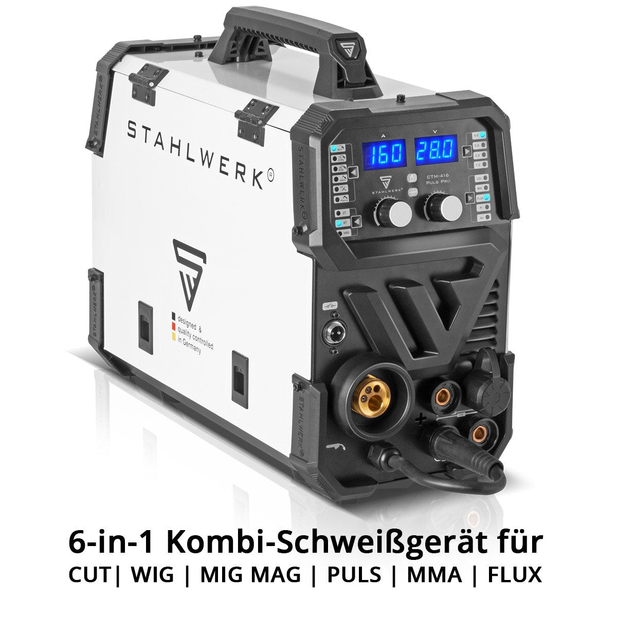 Steelworks combination welding device CTM-416 PULS Pro 6-in-1 protective gas welding device | Inverter with 160 A, pulse function, synergic wire feed and integrated 40 A plasma cutter cut | WIG | Mig Mag | Pulse | MMA | Flux