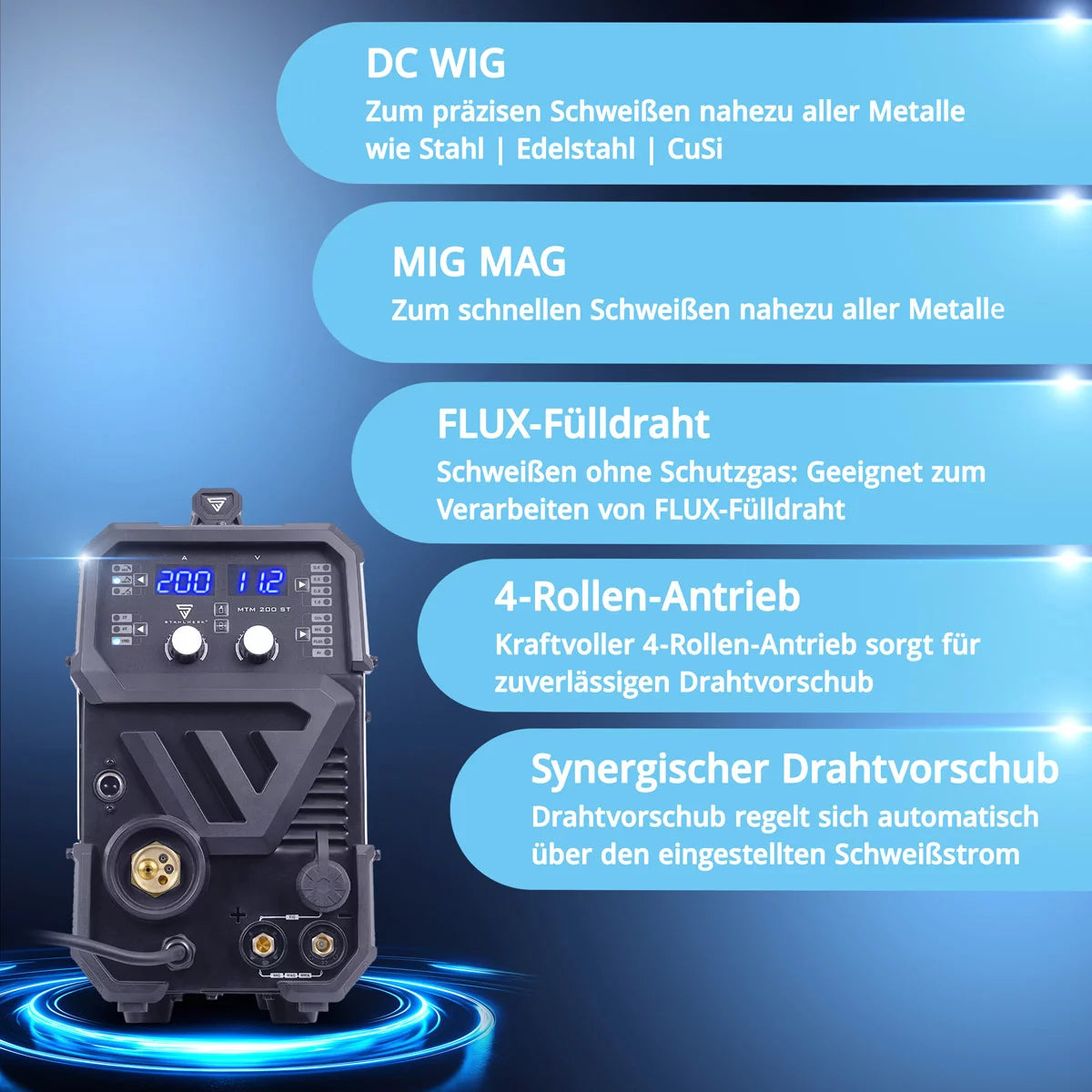 STAHLWERK MTM-200 ST 3-in-1 inert gas welding machine | 200 A combination inverter for TIG, MIG/MAG, MMA, FLUX, CuSi3 soldering | HF ignition | Synergic wire feeder | VRD and Hotstart | 2-stroke / 4-stroke mode