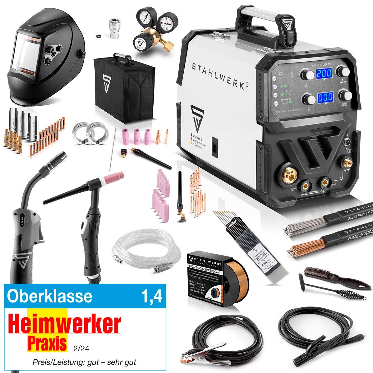 Stahlwerk combi welding device MTM-200 ST full equipment 3-in-1 protective gas welding device | Inverter with 200 A and synergic wire feed for WIG | Mig Mag | MMA