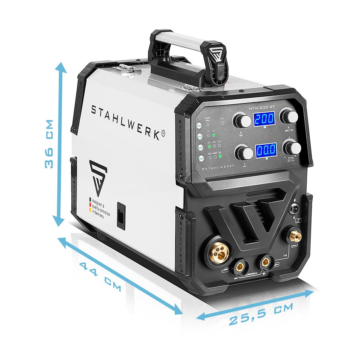 STAHLWERK Kombi-Schweißgerät MTM-200 ST Vollausstattung 3-in-1 Schutzgas-Schweißgerät | Inverter mit 200 A und synergischem Drahtvorschub für WIG | MIG MAG | MMA