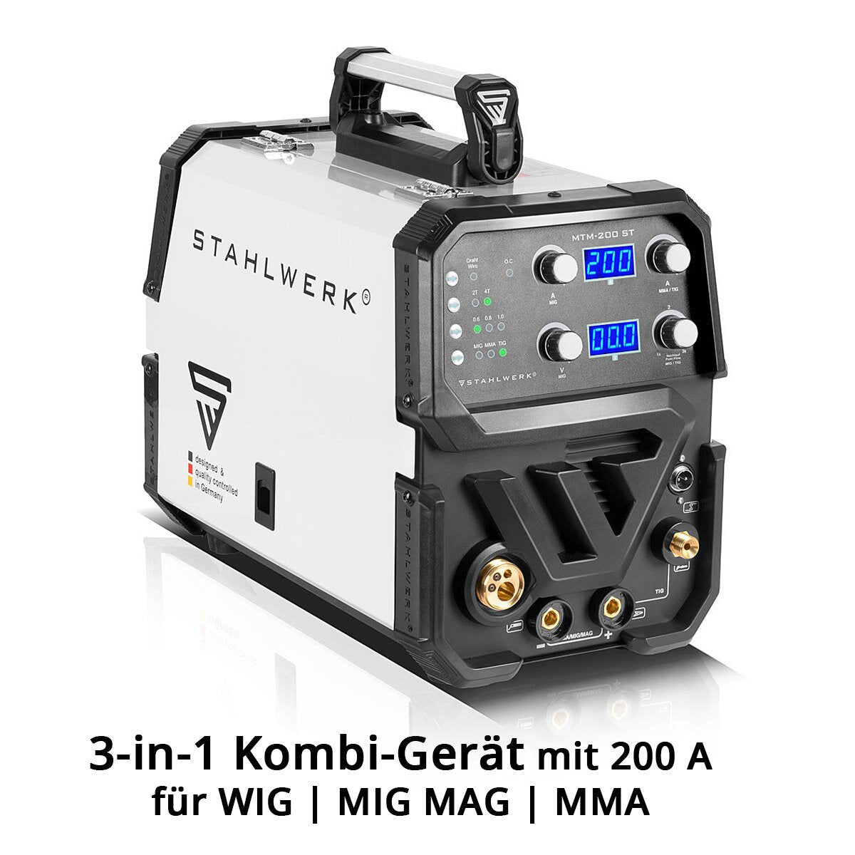 STAHLWERK Kombi-Schweißgerät MTM-200 ST Vollausstattung 3-in-1 Schutzgas-Schweißgerät | Inverter mit 200 A und synergischem Drahtvorschub für WIG | MIG MAG | MMA