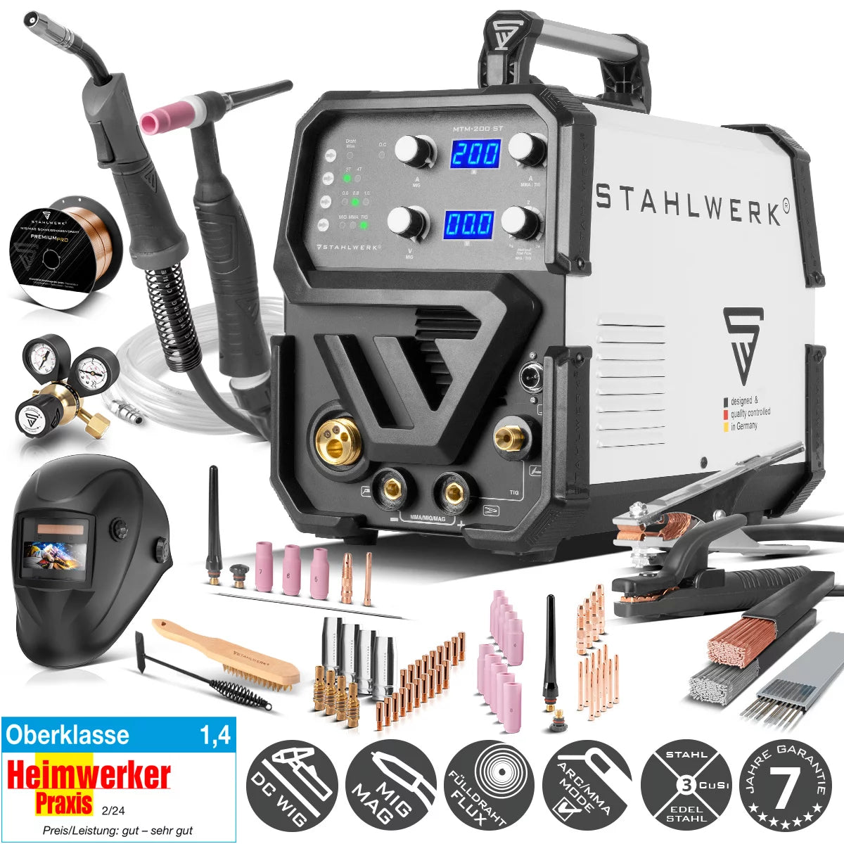 Dispositivo de soldadura Combi Stahlwerk MTM-200 ST Equipo completo 3 en 1 Dispositivo de soldadura de gas protector | Inversor con 200 A y alimentación de alambre sinérgico para peluca | Mig Mag | MMA