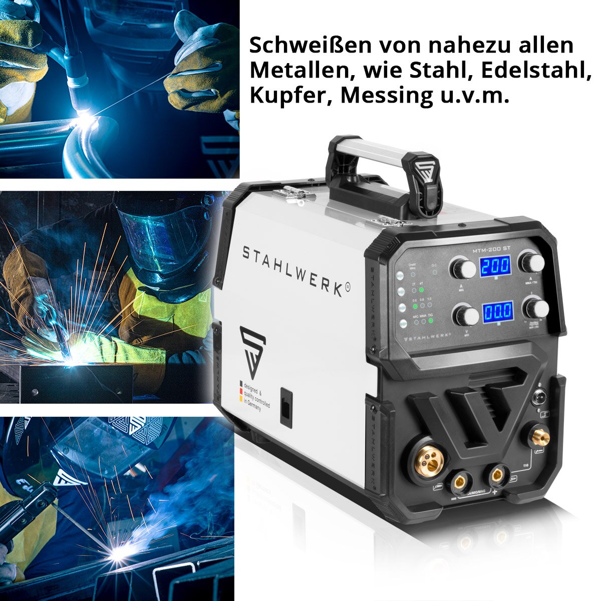 STAHLWERK Kombi-Schweißgerät MTM-200 ST Vollausstattung 3-in-1 Schutzgas-Schweißgerät | Inverter mit 200 A und synergischem Drahtvorschub für WIG | MIG MAG | MMA