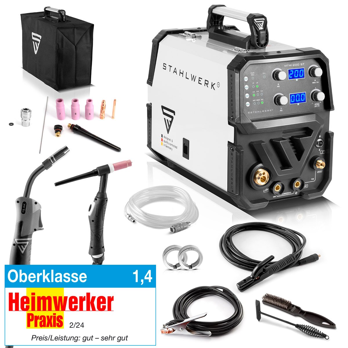 Stahlwerk combi welding device MTM-200 ST 3-in-1 protective gas welding device | Inverter with 200 A and synergic wire feed for WIG | Mig Mag | MMA