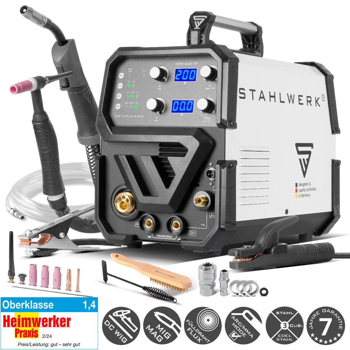 Dispositivo de soldadura Combi Stahlwerk MTM-200 ST 3-In-1 Dispositivo de soldadura de gas protector | Inversor con 200 A y alimentación de alambre sinérgico para peluca | Mig Mag | MMA