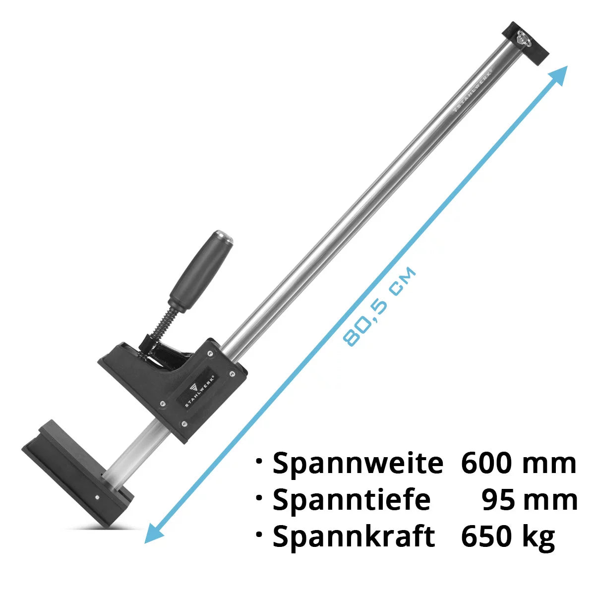 STAHLWERK Korpuszwinge 95x600 mm / 24"| kraftvolle Schraubzwinge mit 650 kg Spannkraft | Klemmzwinge mit großer Auflagefläche zum Fixieren von Werkstücken | stabile Zwinge mit Spannweite 600 mm, Spanntiefe 95 mm