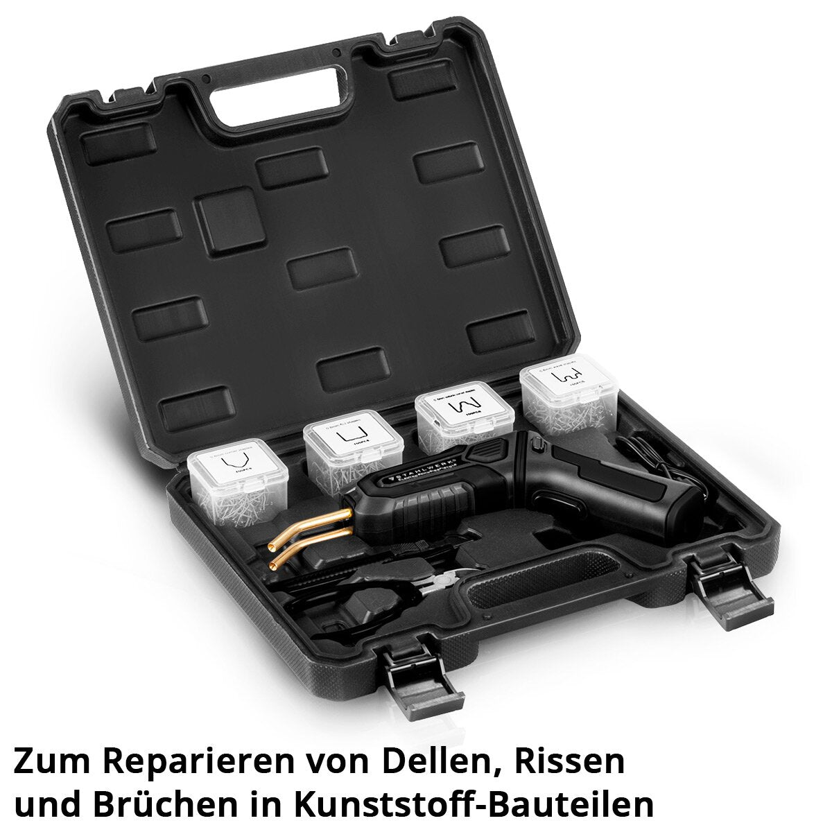 STAHLWERK Kunststoff Reparatur Set mit Akku-Kunststoff-Schweißgerät und 400 Schweißnägeln, Heißhefter | Dellenlifter | USB Smart Repair Ausbeulwerkzeug Set für Stoßstangen und Plastik-Bauteile