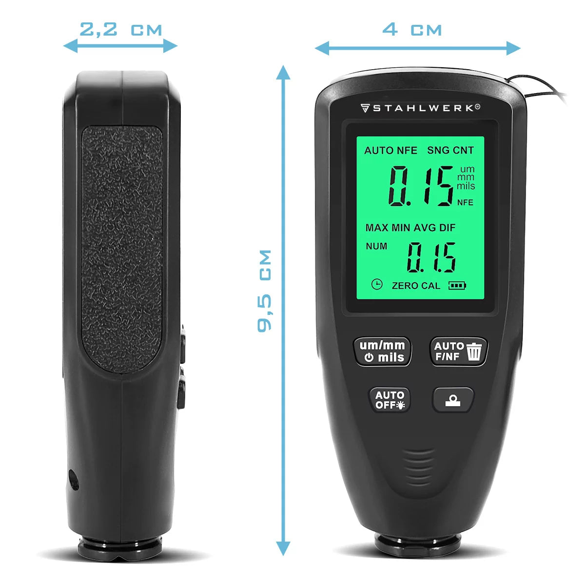 STAHLWERK Schichtdickenmesser | Kompakter Lackdickenprüfer 0-2000 µm für KFZ und Materialprüfung | Dual-Sonde-Messgerät zur Bestimmung von Lackdicken | Präziser Fe/NFe Lackdickenmesser für Metall