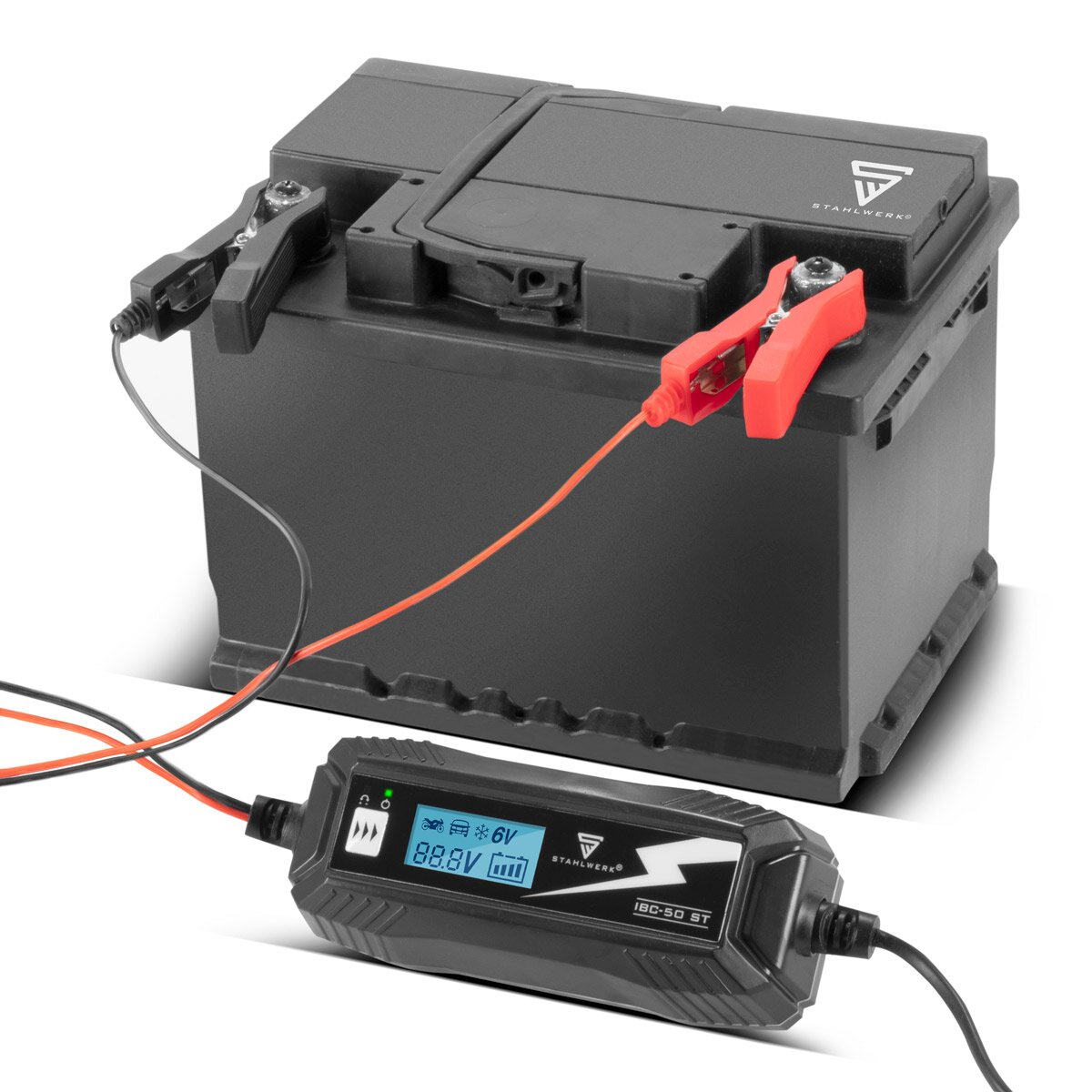 Caricatore della batteria in acciaio IBC-50 ST con microprocessore e 4 ladEdii per 6 V/12V AGM, VRLA, MF, SLA e Gel Batterie | Caricatore intelligente per auto e moto