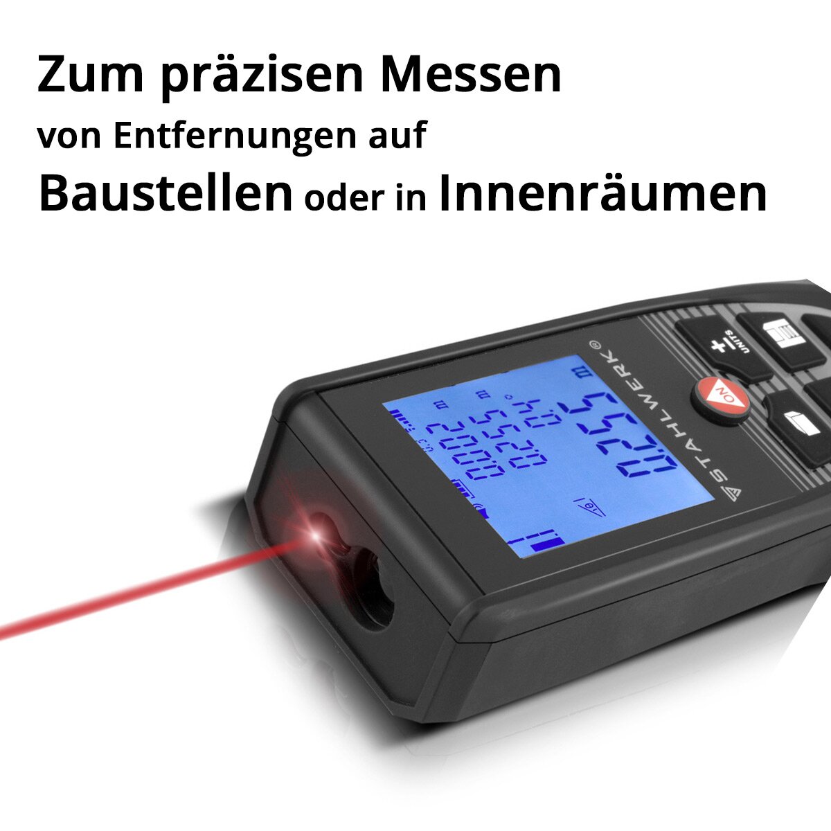 STAHLWERK Laser Entfernungsmesser LE-60 ST bis 60 m Distanzmesser mit beleuchtetem LCD Digital Display, Distanz- und Entfernungsmessgerät zum präzisen Messen von Entfernungen und Rauminhalten auf Baustellen oder in Innenräumen