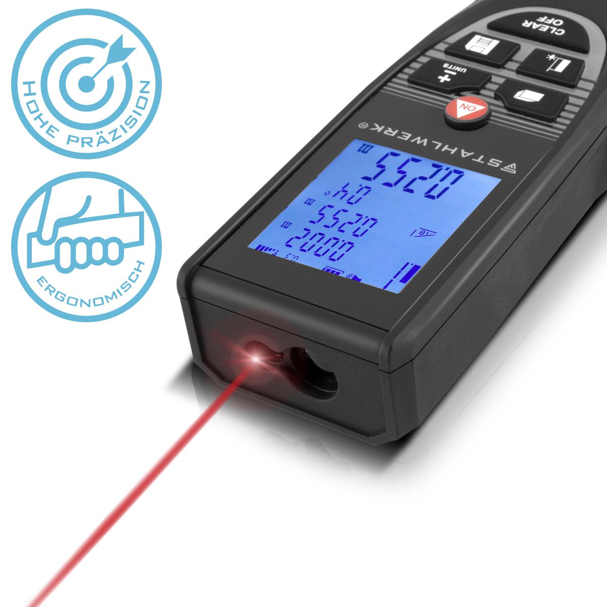 STAHLWERK Laser Entfernungsmesser LE-60 ST bis 60 m Distanzmesser mit beleuchtetem LCD Digital Display, Distanz- und Entfernungsmessgerät zum präzisen Messen von Entfernungen und Rauminhalten auf Baustellen oder in Innenräumen