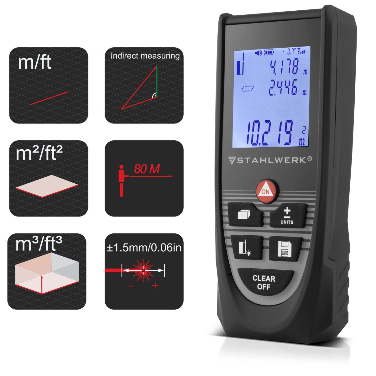 Steelwork Laser Remanding knife L-80 ST up to 80 m distance meter with illuminated LCD digital display, distance and distance measuring device for precise measurement of distances and space content on construction sites or indoors