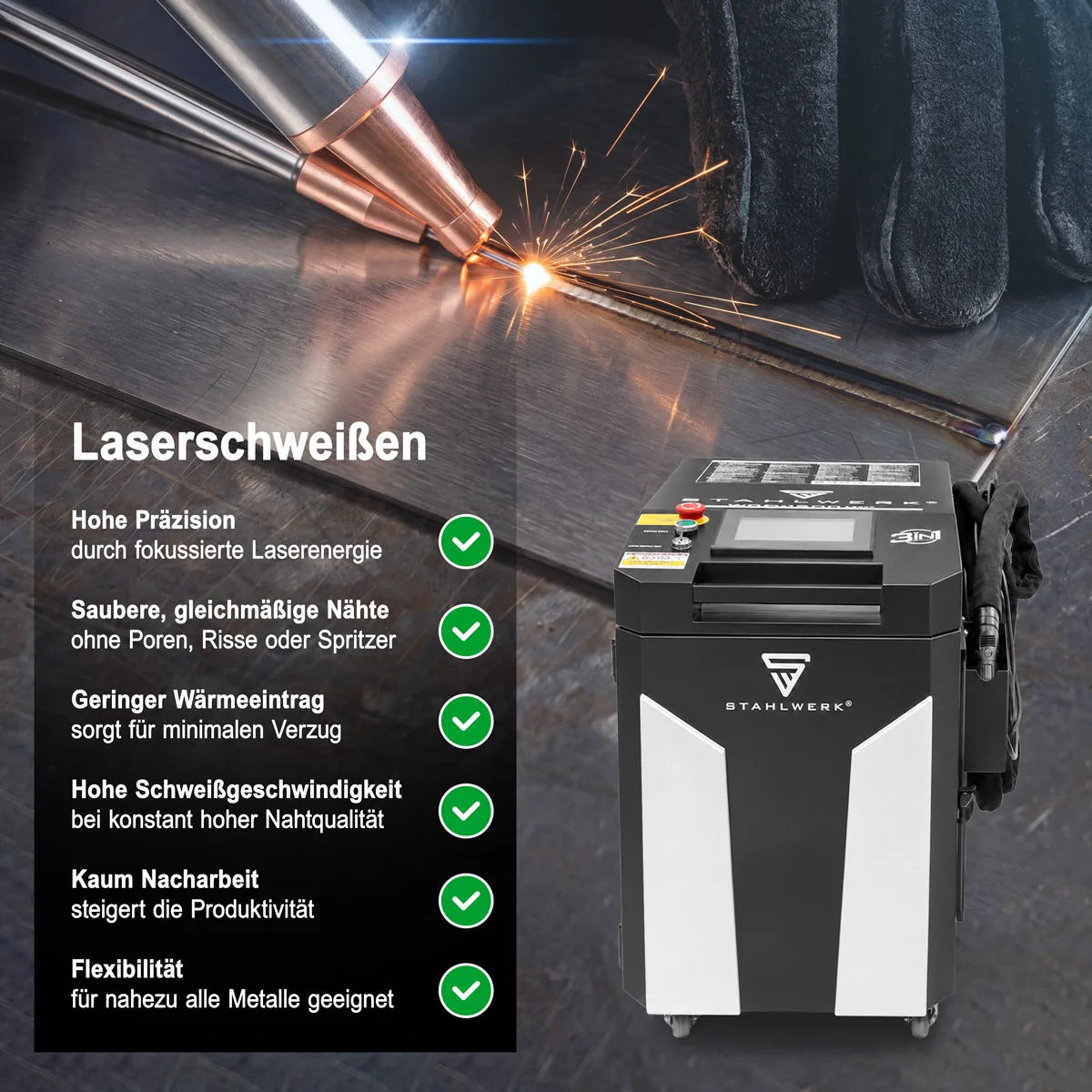 STAHLWERK Laser-Schweißgerät WCD 2000 Laser Pro mit 2000 W | 3-in-1-Laser-Schweißanlage zum Schweißen, Schneiden und Reinigen | Handgeführtes Schweißsystem mit CW-Faserlaser | Laserklasse 4 | 230 V