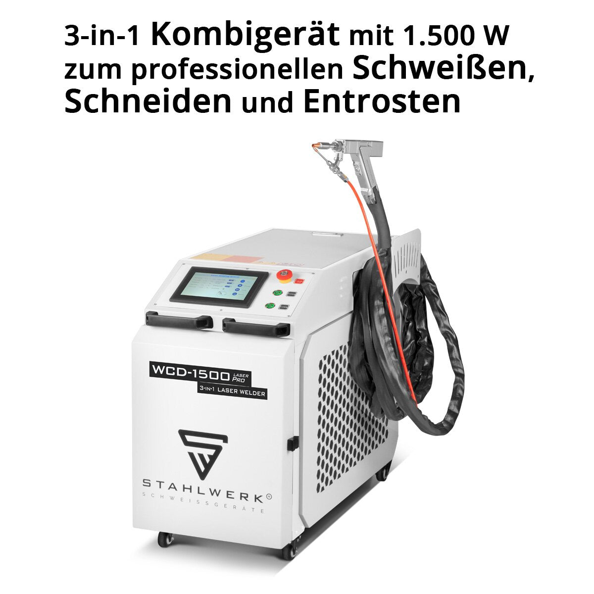 STAHLWERK 3-in-1 Laser-Schweissgerät WCD-1500 Laser Pro mit 1500 Watt, professionelle Handlaser-Schweißanlage zum präzisen Schweißen, Schneiden und Entrosten