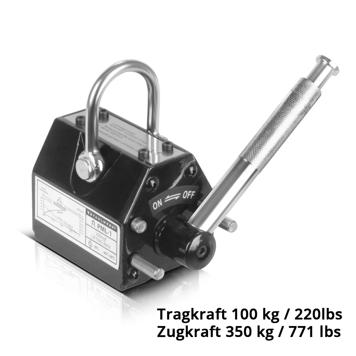 STAHLWERK Lasthebemagnet mit 100 kg / 220 lbs Tragkraft und 350 kg / 771 lbs Zugkraft handgesteuerter Kranmagnet | Magnetlifter | Hebemagnet