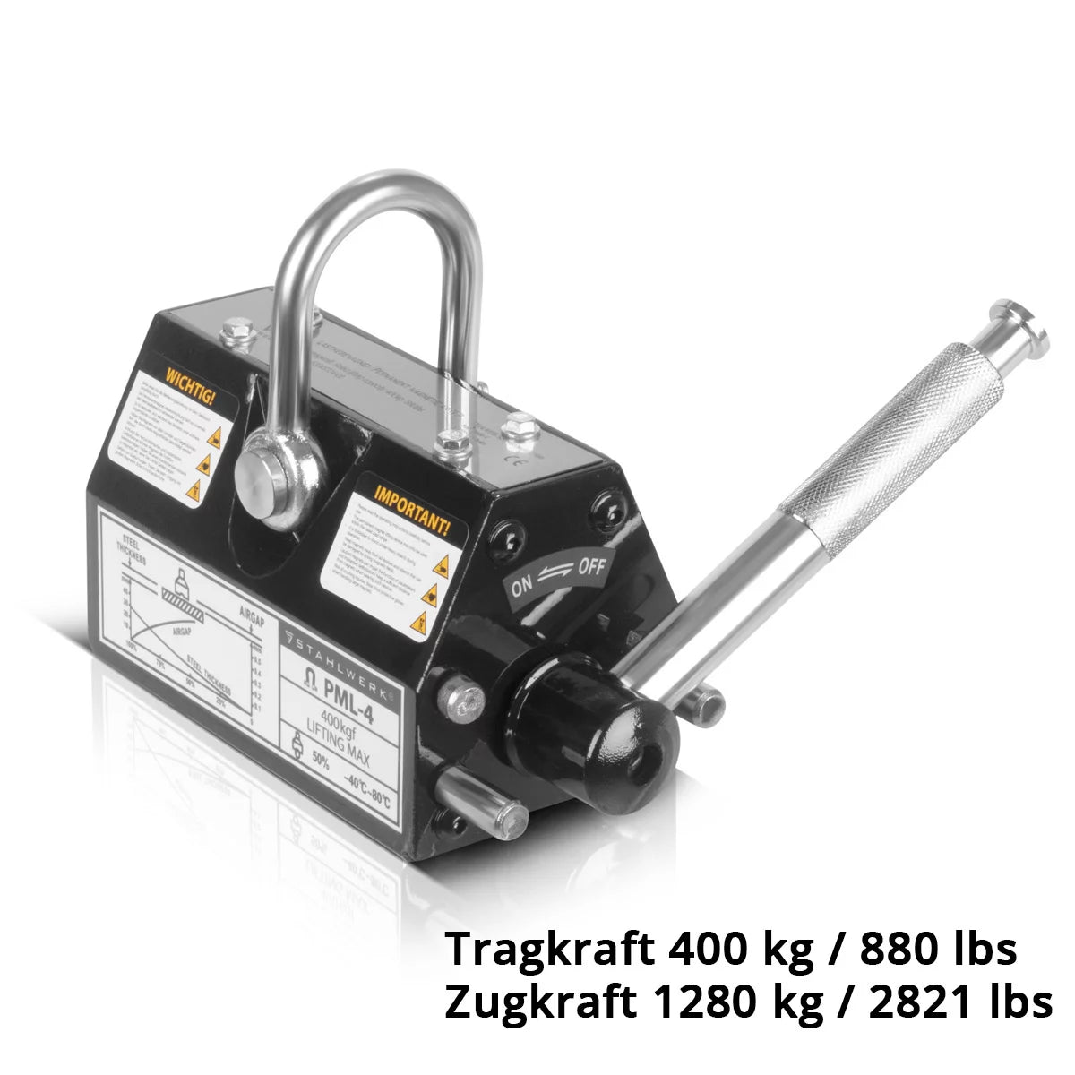 STAHLWERK Lasthebemagnet mit 400 kg / 880 lbs Tragkraft und 1280 kg / 2821 lbs Zugkraft handgesteuerter Kranmagnet | Magnetlifter | Hebemagnet