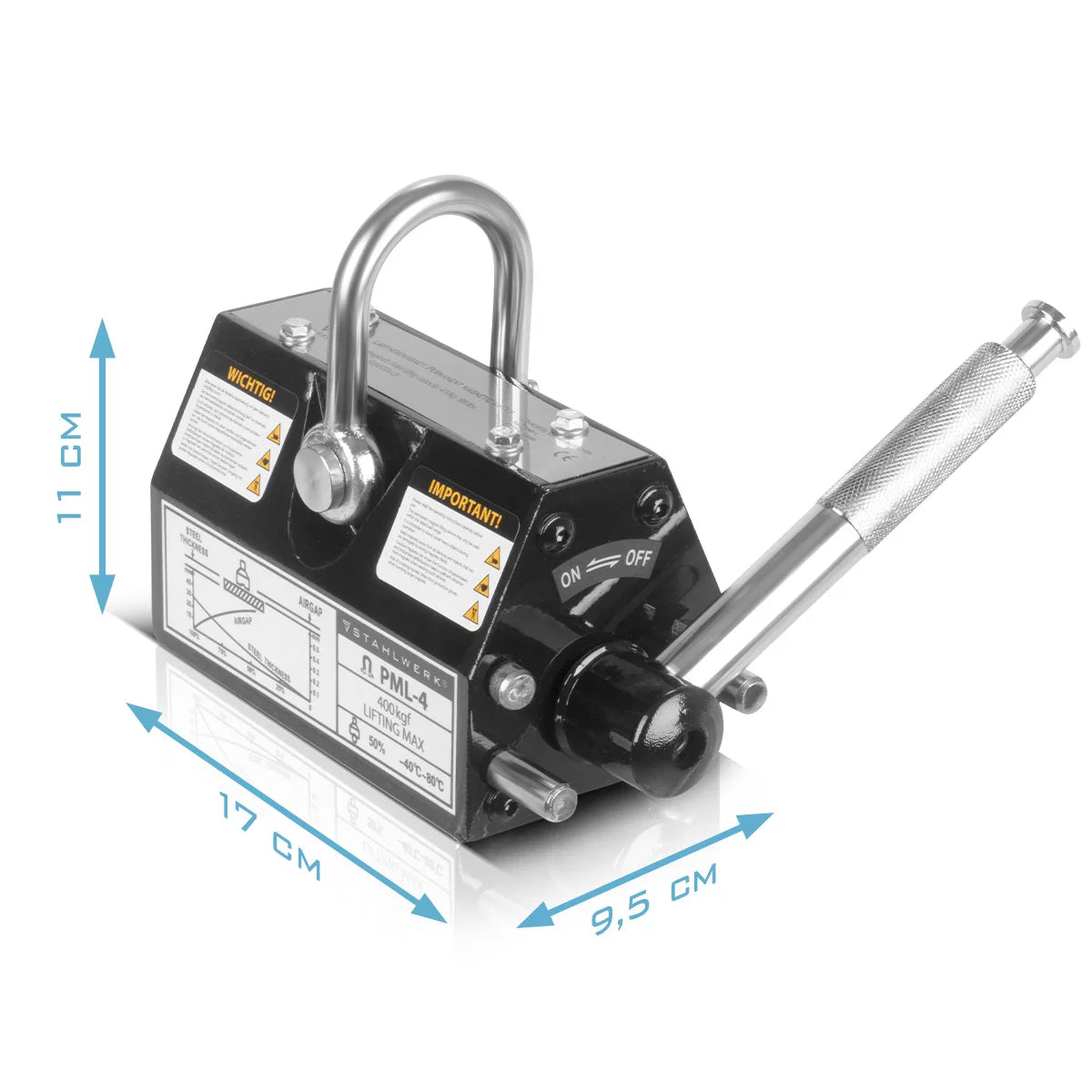 STAHLWERK Lasthebemagnet mit 400 kg / 880 lbs Tragkraft und 1280 kg / 2821 lbs Zugkraft handgesteuerter Kranmagnet | Magnetlifter | Hebemagnet