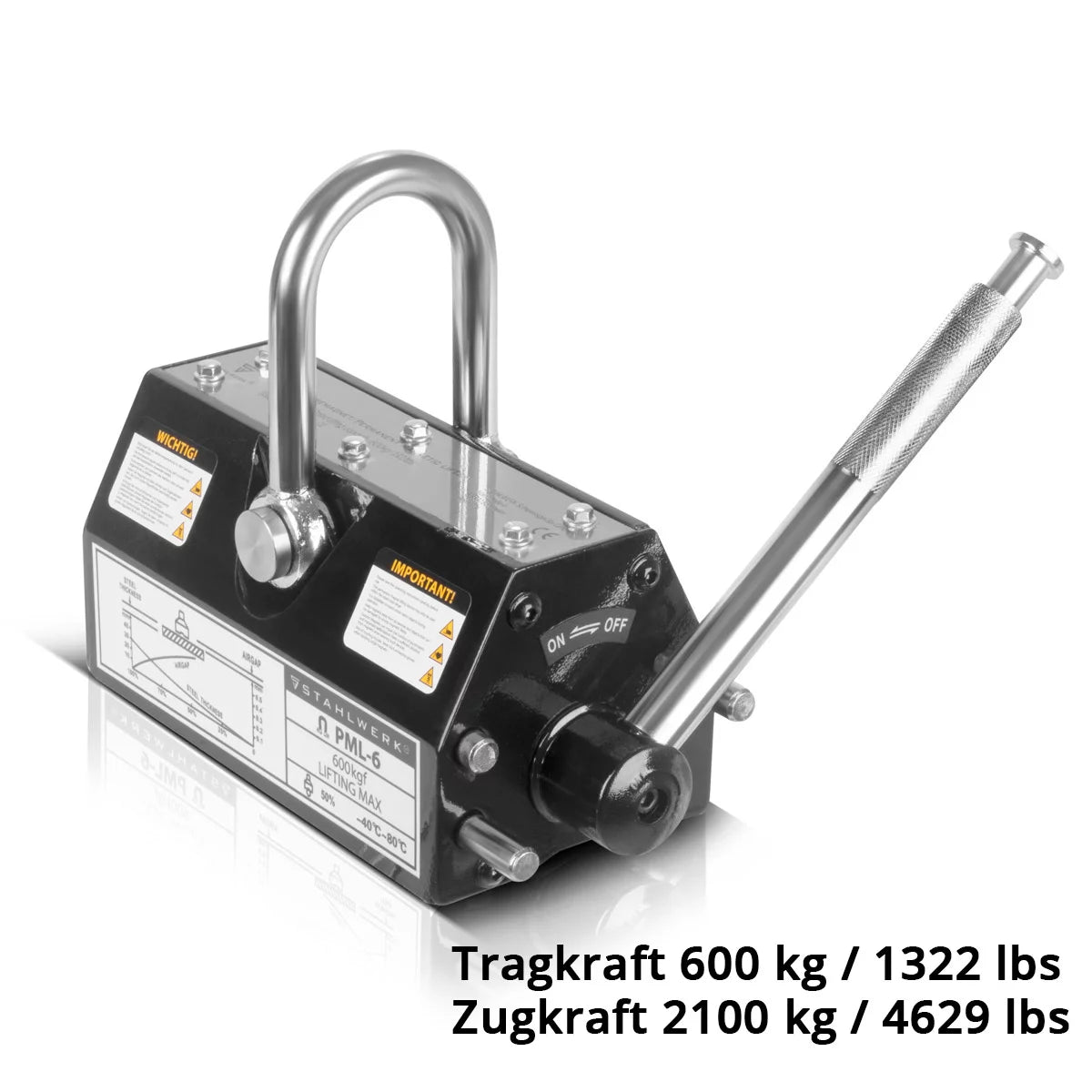 STAHLWERK Lasthebemagnet mit 600 kg / 1322 lbs Tragkraft und 2100 kg / 4629 lbs Zugkraft handgesteuerter Kranmagnet | Magnetlifter | Hebemagnet