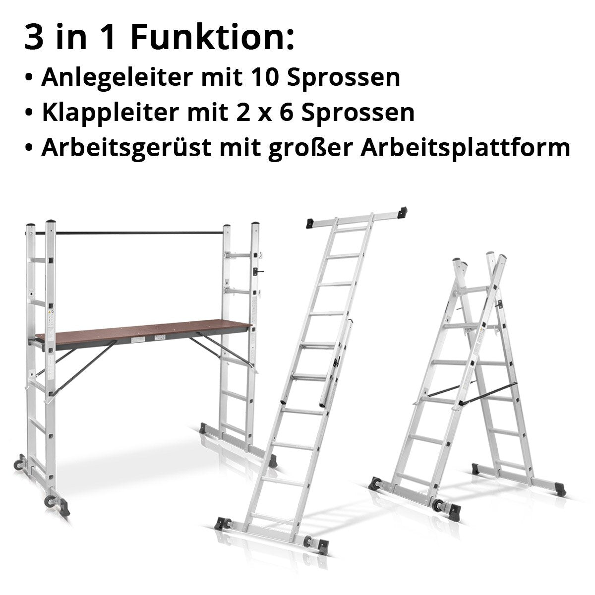 Steelworks Ladder Test LG-270 ST 150 kg di capacità di carico, 3 su 1 conduttore multiuso / conduttore pieghevole in alluminio / piattaforma di lavoro / impalcatura / impalcatura con germogli non slip, inclusi 7 anni di garanzia del produttore