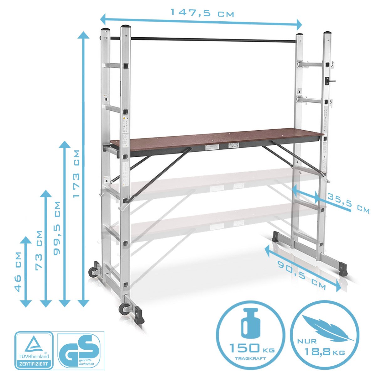 Steelworks Ladder Test LG-270 ST 150 kg di capacità di carico, 3 su 1 conduttore multiuso / conduttore pieghevole in alluminio / piattaforma di lavoro / impalcatura / impalcatura con germogli non slip, inclusi 7 anni di garanzia del produttore