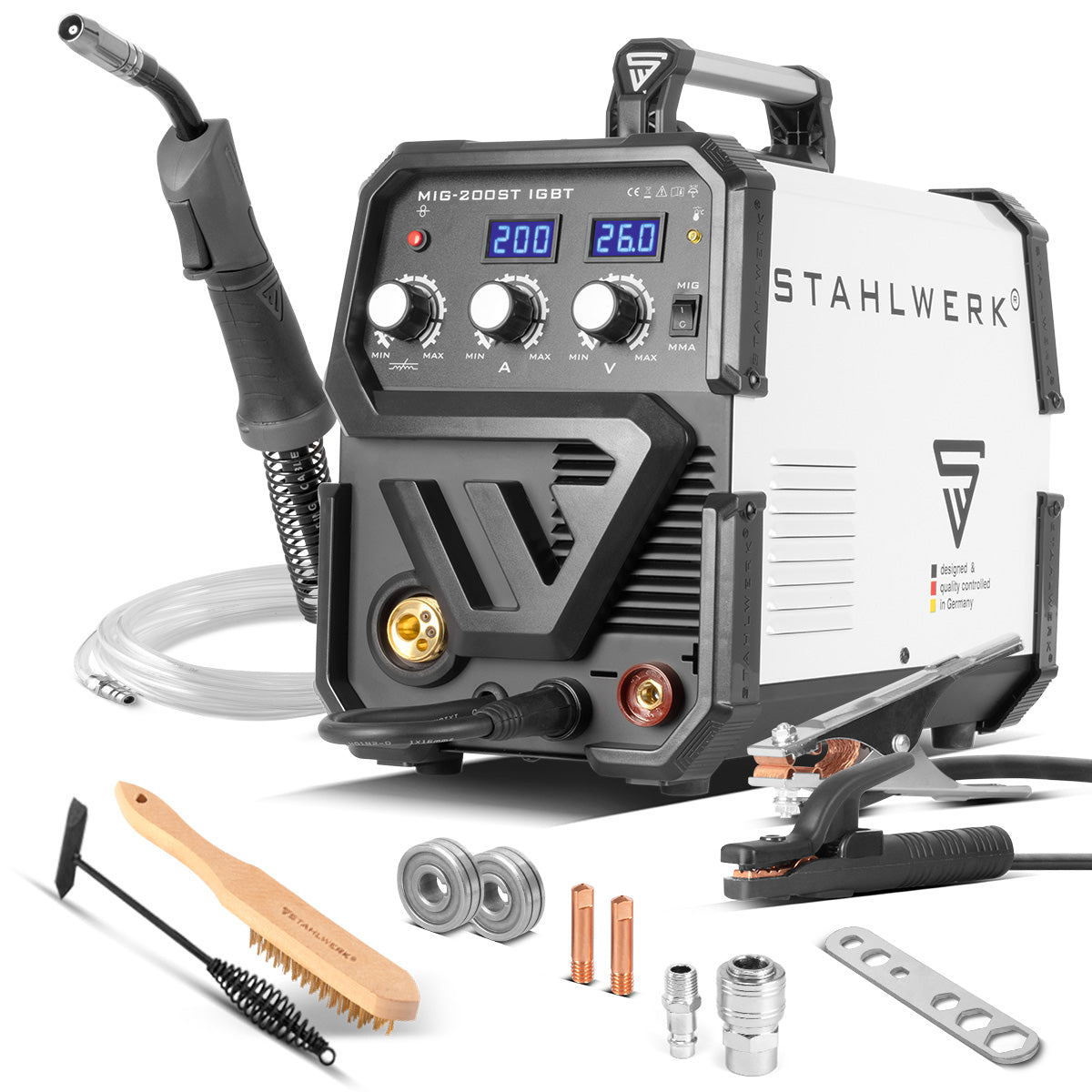 STAHLWERK MIG MAG 200 ST IGBT - MIG MAG PROCATION GAS SCHEDINA CON 200 Amp, filo di riempimento del flusso, con MMA E -H -Hand