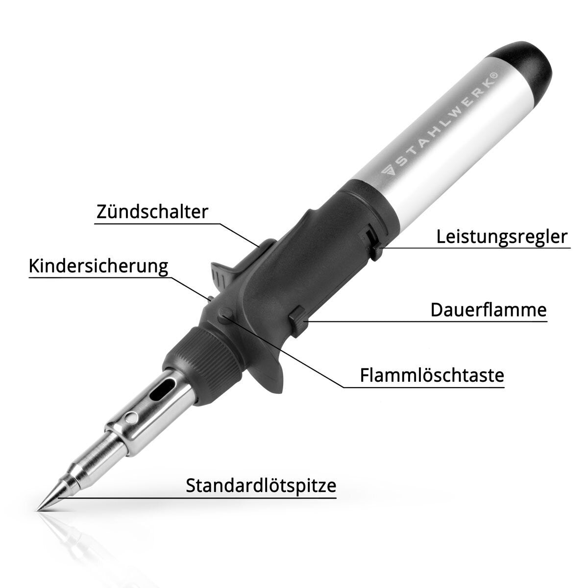 STAHLWERK Gas-Lötkolben GLK-500 ST mit 200-500°C Löttemperatur und 1.300°C Flammdüse im Komplett-Set | Lötstation | Lötgerät | Lötpistole mit Lötabsaugung, Lötkolbenreiniger und Lötpaste