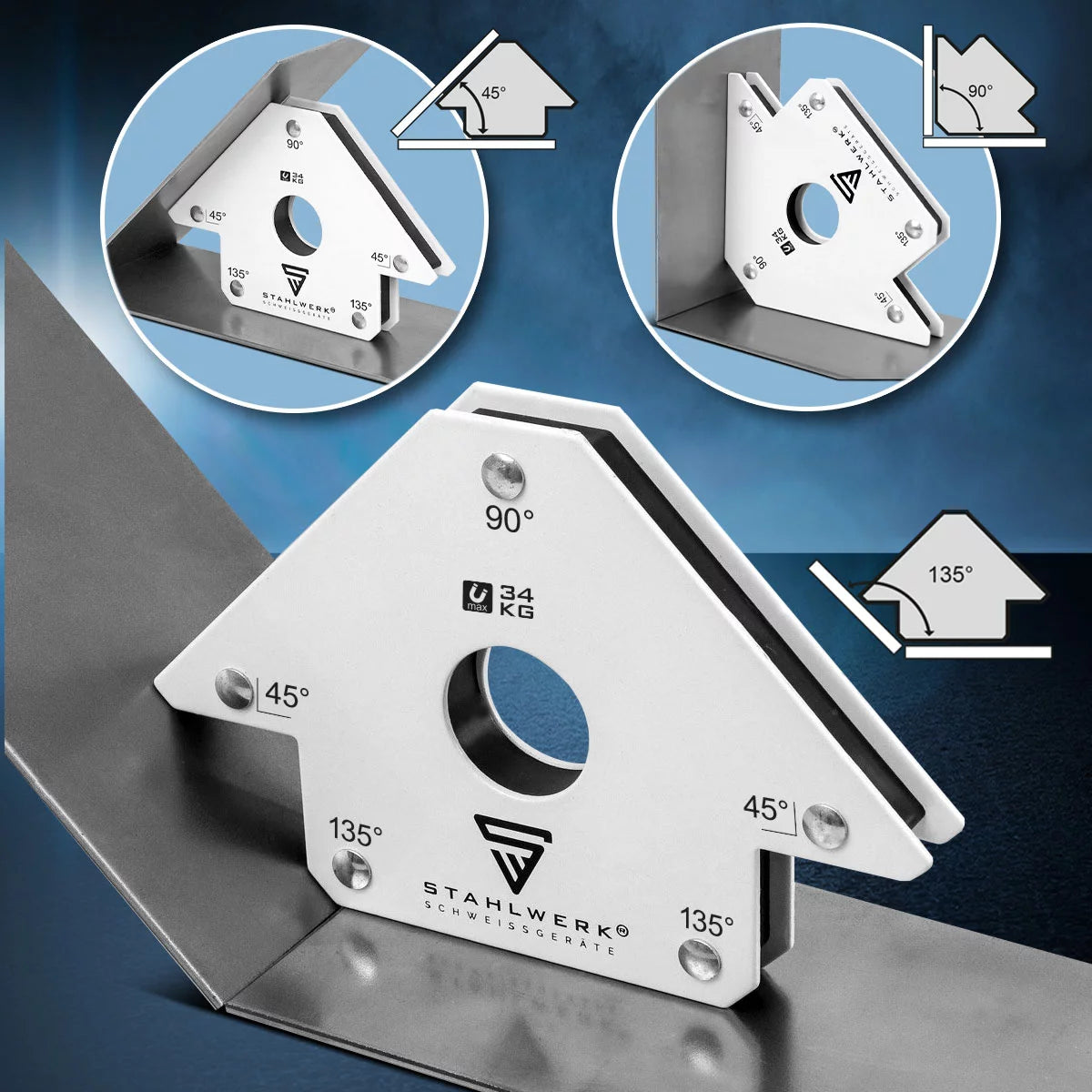 STAHLWERK 2 × Magnet-Schweißwinkel Magnetwinkel Schweißmagnet 45° x 90° x 135°, 34 kg / 75 lbs