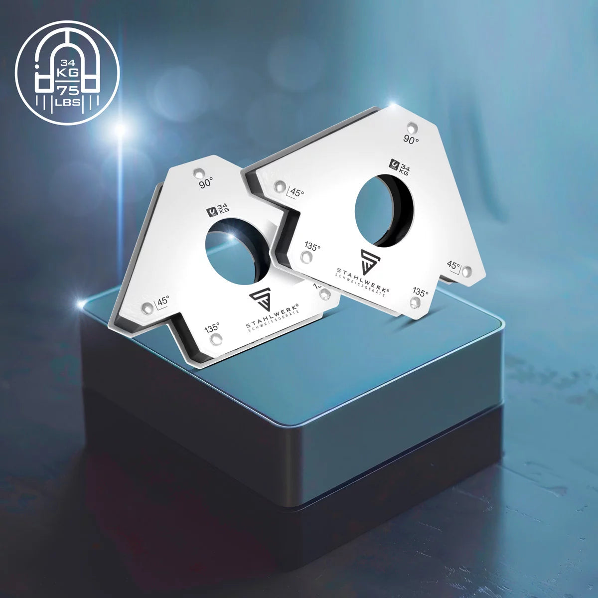 STAHLWERK 2 × Magnet-Schweißwinkel Magnetwinkel Schweißmagnet 45° x 90° x 135°, 34 kg / 75 lbs