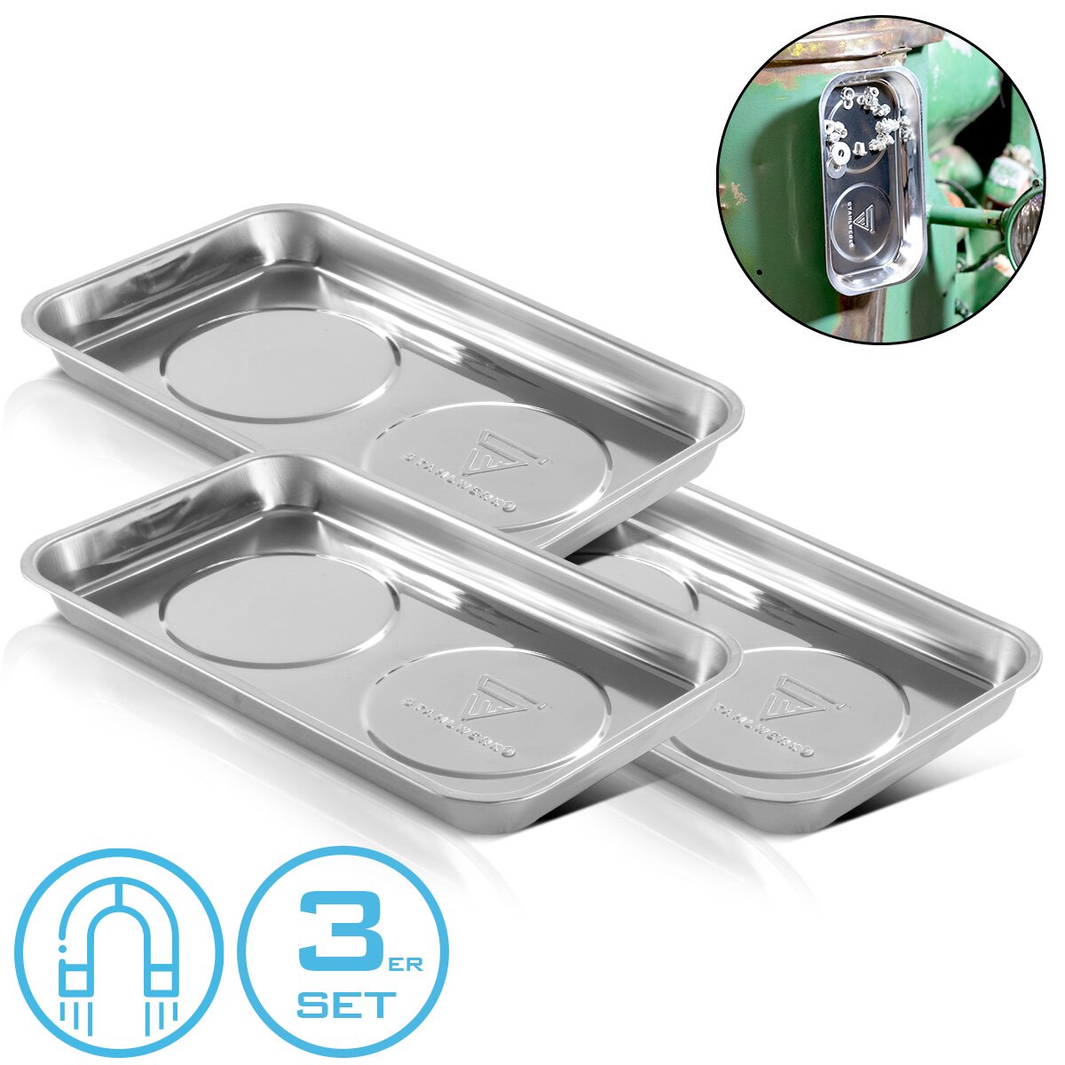 Stahlwerk Magnetschale MS-22 ST 3 Set 237 x 136 x 22 mm Magnnet plate | Screw bowl | Habbit shell | Magnneta blind | Magnetic bowl made of stainless steel with strong adhesive power for screws, nails and tools