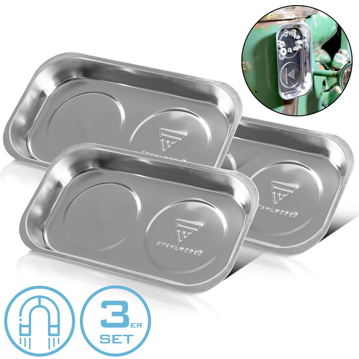 Steelwork Magnetic MS-28 ST 3 Set 237 x 136 x 28 mm magnetic plate | Screw bowl | Habbit shell | Magnneta blind | Magnetic bowl made of stainless steel with strong adhesive power for screws, nails and tools