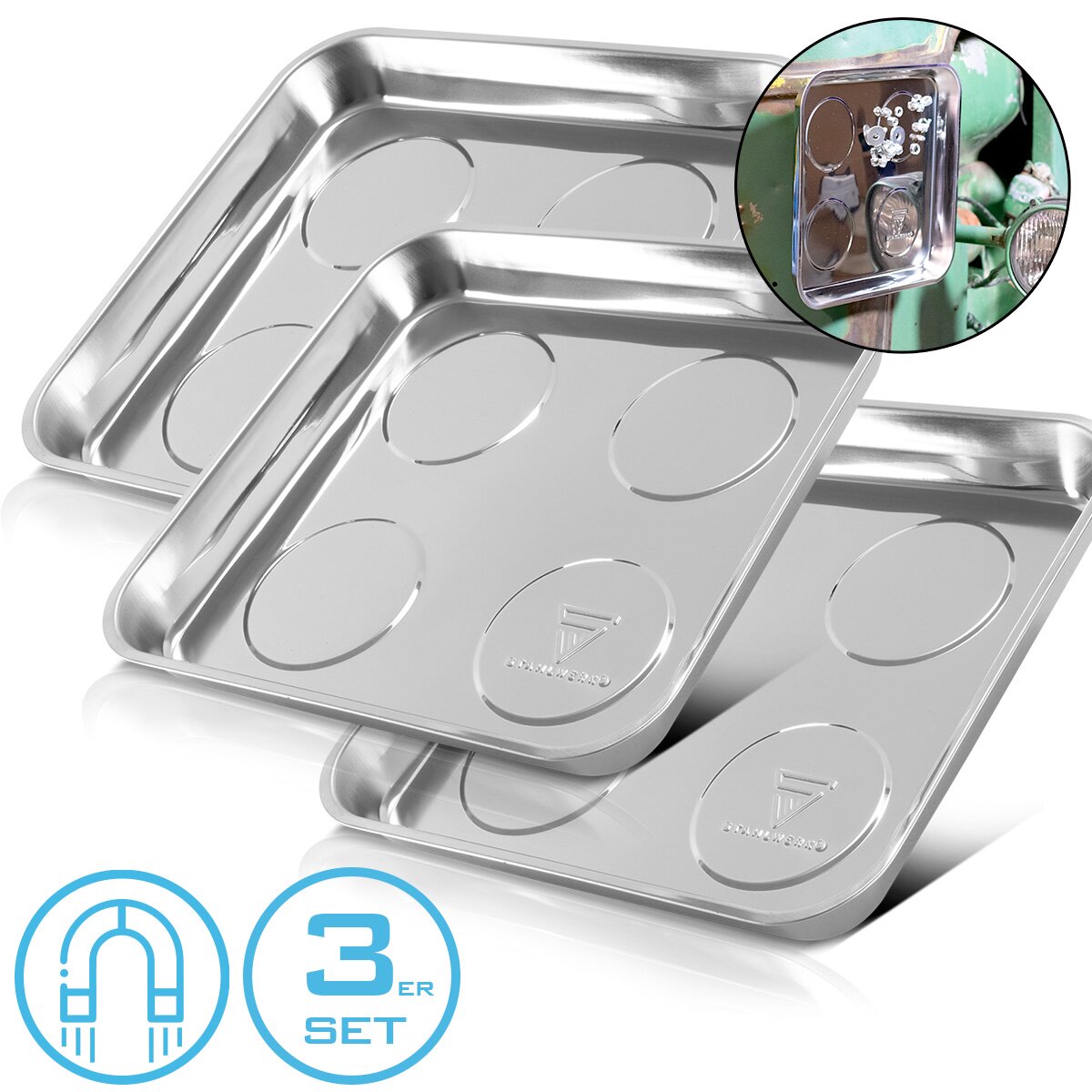 Steelwork Magnetic Chancele MS-30 ST 3 Set 270 x 292 x 30 mm magnetic plate | Screw bowl | Habbit shell | Magnneta blind | Magnetic bowl made of stainless steel with strong adhesive power for screws, nails and tools