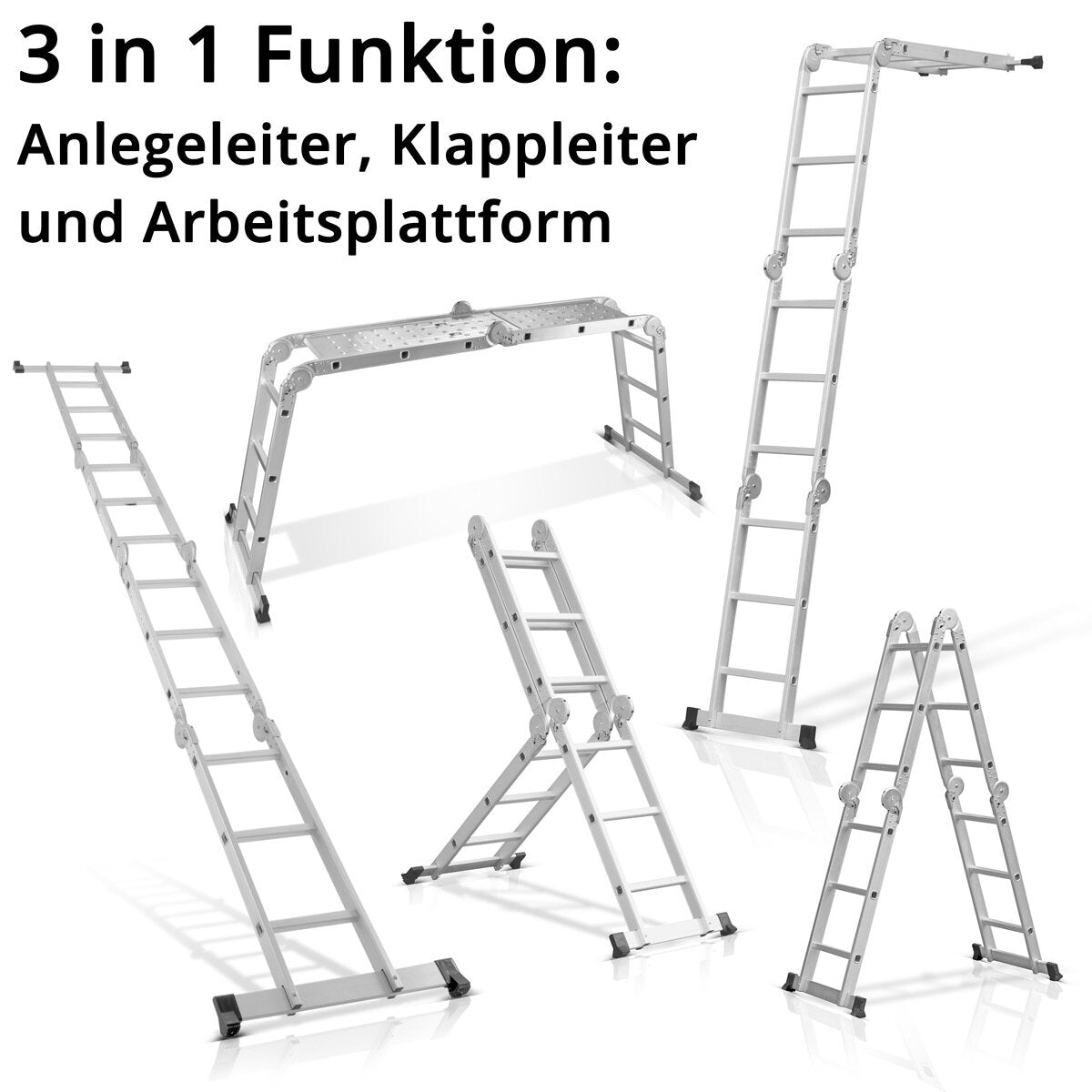 STAHLWERK Mehrzweckleiter ML-356 ST 150 kg Tragkraft, 3 in 1 Leitergerüst / Aluminium Klappleiter / Arbeitsgerüst / Arbeitsplattform / Gerüst mit rutschfesten Sprossen inklusive 7 Jahre Hersteller-Garantie