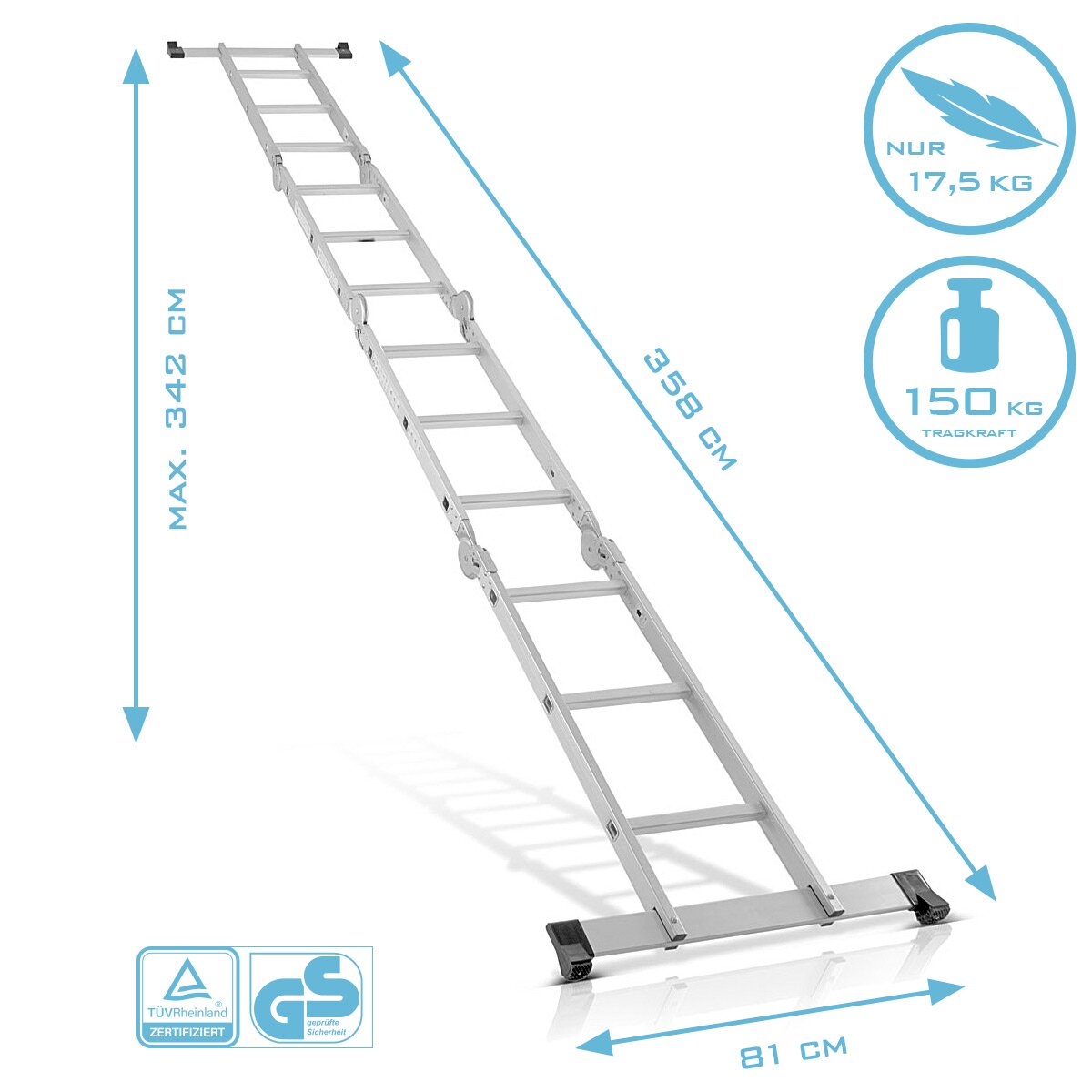 STAHLWERK Mehrzweckleiter ML-356 ST 150 kg Tragkraft, 3 in 1 Leitergerüst / Aluminium Klappleiter / Arbeitsgerüst / Arbeitsplattform / Gerüst mit rutschfesten Sprossen inklusive 7 Jahre Hersteller-Garantie